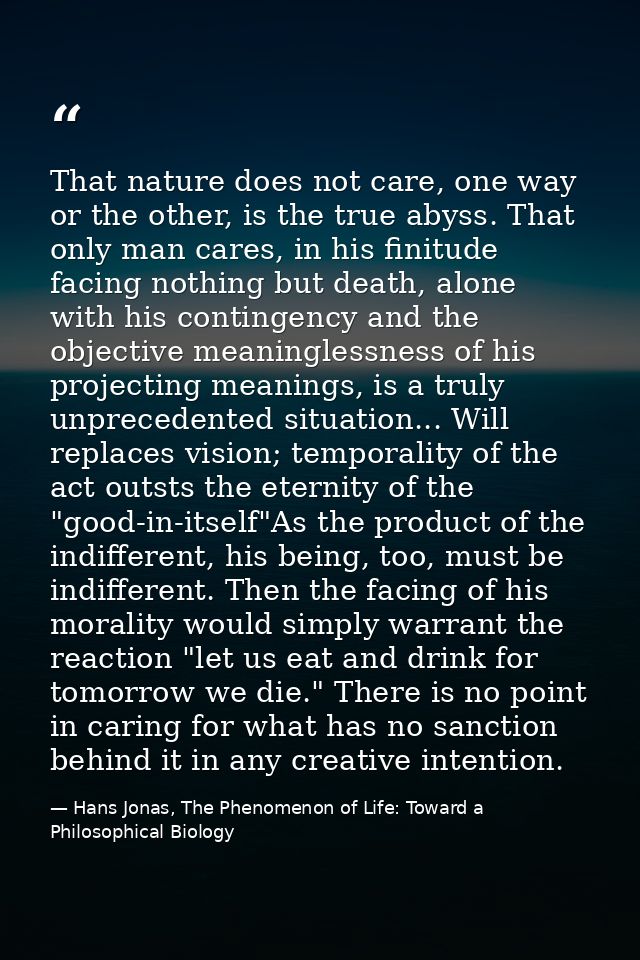 That nature does not care, one way or the other, is the true abyss. That only man cares, in his finitude facing nothing  — Hans Jonas, The Phenomenon of Life: Toward a Philosophical Biology