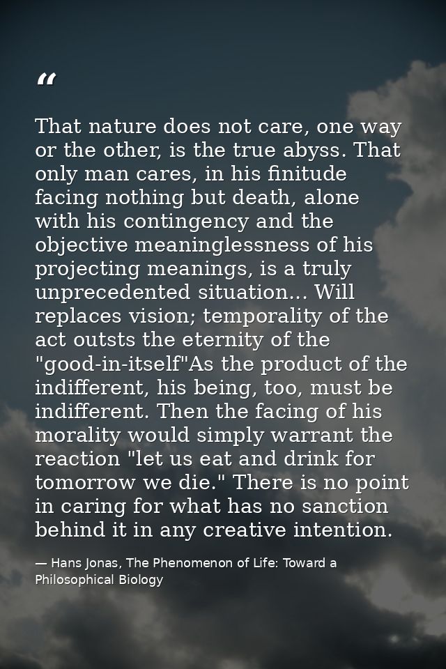 That nature does not care, one way or the other, is the true abyss. That only man cares, in his finitude facing nothing  — Hans Jonas, The Phenomenon of Life: Toward a Philosophical Biology