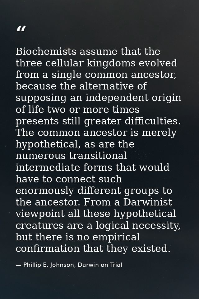Biochemists assume that the three cellular kingdoms evolved from a single common ancestor, because the alternative of su — Phillip E. Johnson, Darwin on Trial