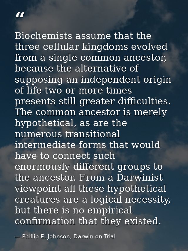 Biochemists assume that the three cellular kingdoms evolved from a single common ancestor, because the alternative of su — Phillip E. Johnson, Darwin on Trial