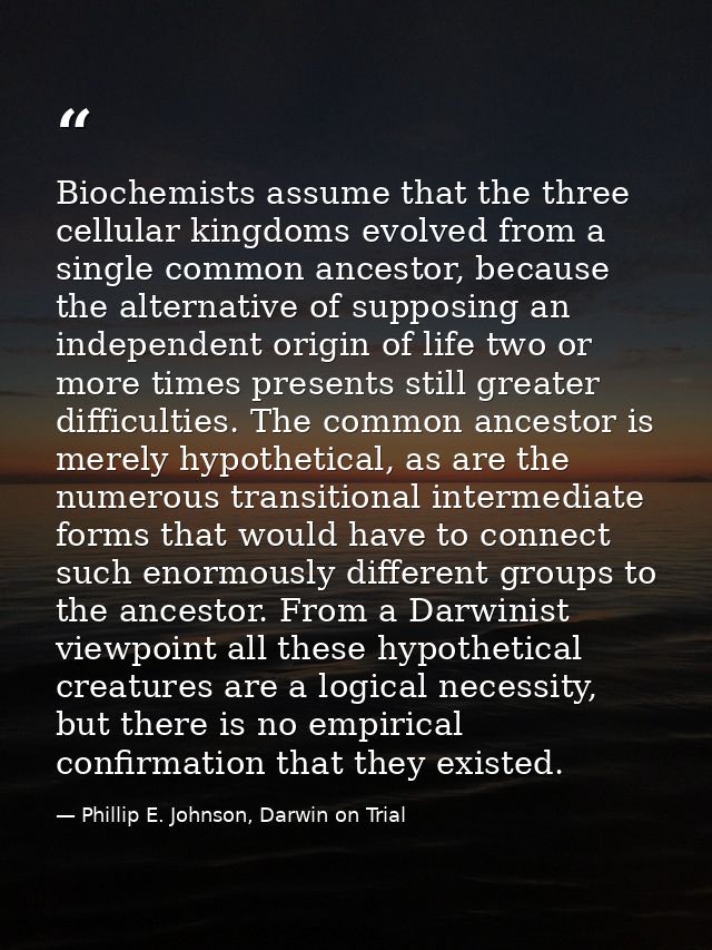 Biochemists assume that the three cellular kingdoms evolved from a single common ancestor, because the alternative of su — Phillip E. Johnson, Darwin on Trial
