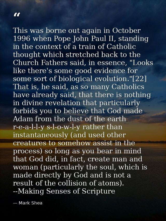 This was borne out again in October 1996 when Pope John Paul II, standing in the context of a train of Catholic thought  — Mark Shea