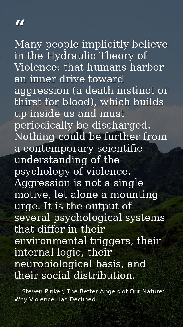 Many people implicitly believe in the Hydraulic Theory of Violence: that humans harbor an inner drive toward aggression  — Steven Pinker, The Better Angels of Our Nature: Why Violence Has Declined