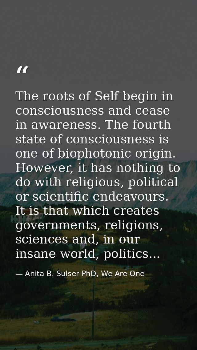 The roots of Self begin in consciousness and cease in awareness. The fourth state of consciousness is one of biophotonic — Anita B. Sulser PhD, We Are One