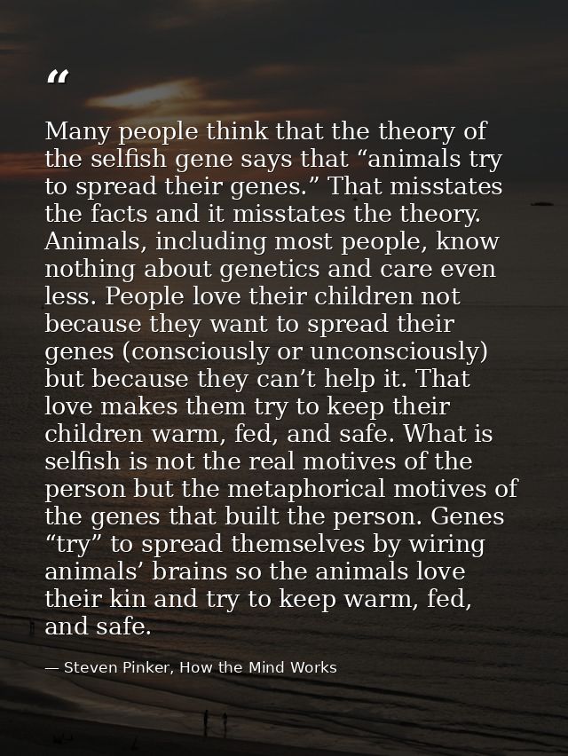 Many people think that the theory of the selfish gene says that “animals try to spread their genes.” That misstates the  — Steven Pinker, How the Mind Works