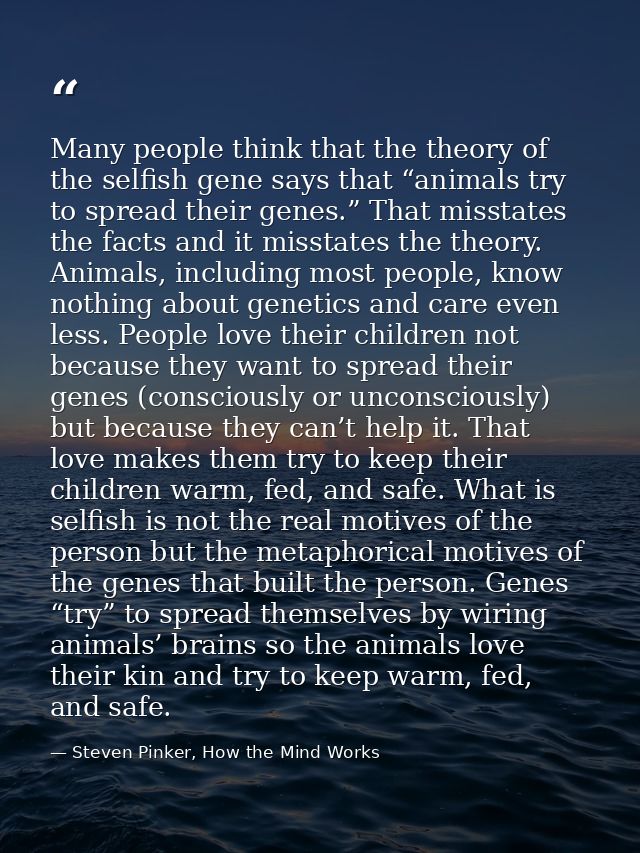 Many people think that the theory of the selfish gene says that “animals try to spread their genes.” That misstates the  — Steven Pinker, How the Mind Works