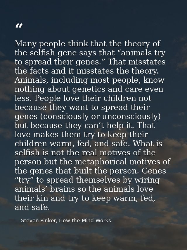 Many people think that the theory of the selfish gene says that “animals try to spread their genes.” That misstates the  — Steven Pinker, How the Mind Works