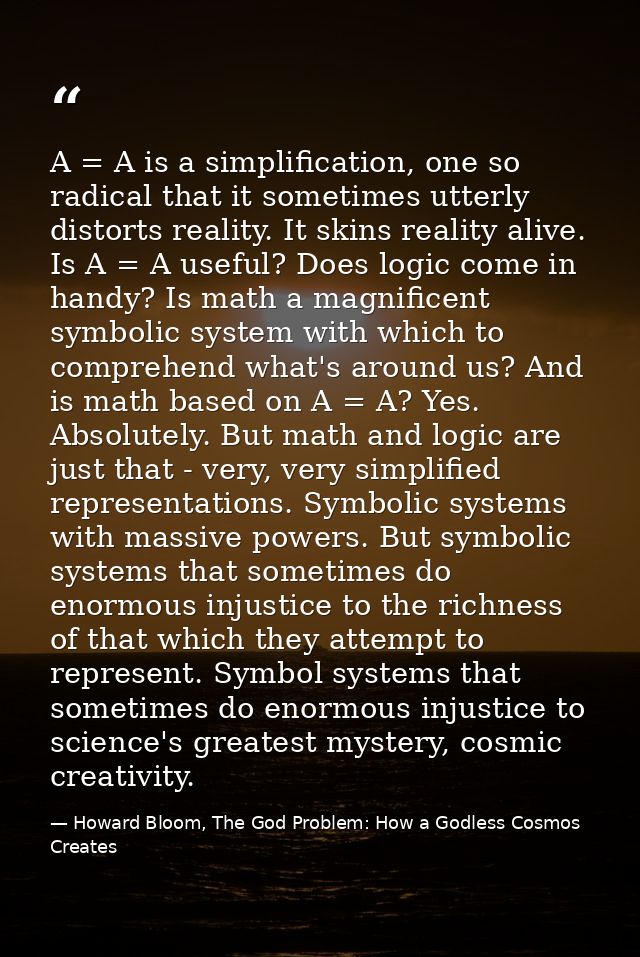 A = A is a simplification, one so radical that it sometimes utterly distorts reality. It skins reality alive. Is A = A u — Howard Bloom, The God Problem: How a Godless Cosmos Creates
