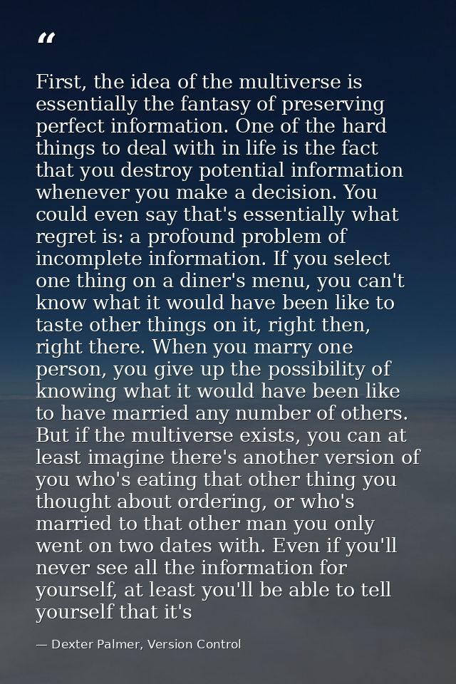 First, the idea of the multiverse is essentially the fantasy of preserving perfect information. One of the hard things t — Dexter Palmer, Version Control