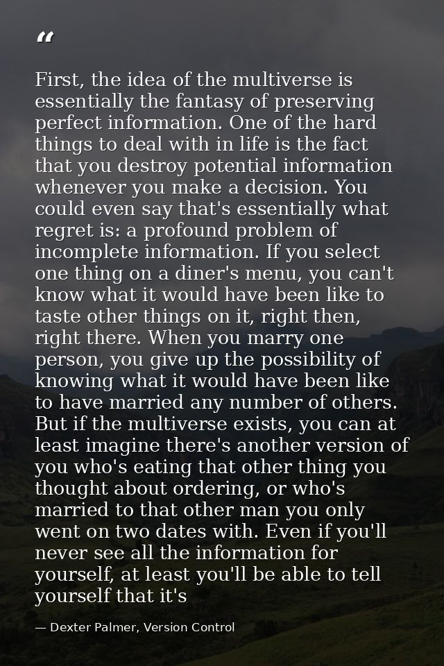 First, the idea of the multiverse is essentially the fantasy of preserving perfect information. One of the hard things t — Dexter Palmer, Version Control