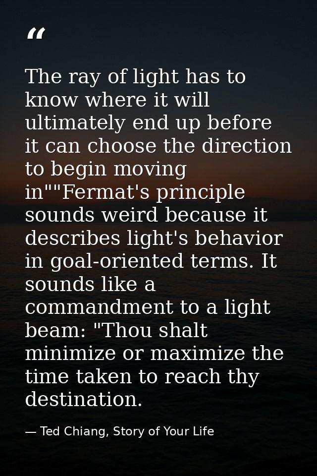 The ray of light has to know where it will ultimately end up before it can choose the direction to begin moving in""Ferm — Ted Chiang, Story of Your Life