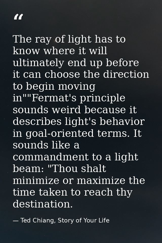 The ray of light has to know where it will ultimately end up before it can choose the direction to begin moving in""Ferm — Ted Chiang, Story of Your Life