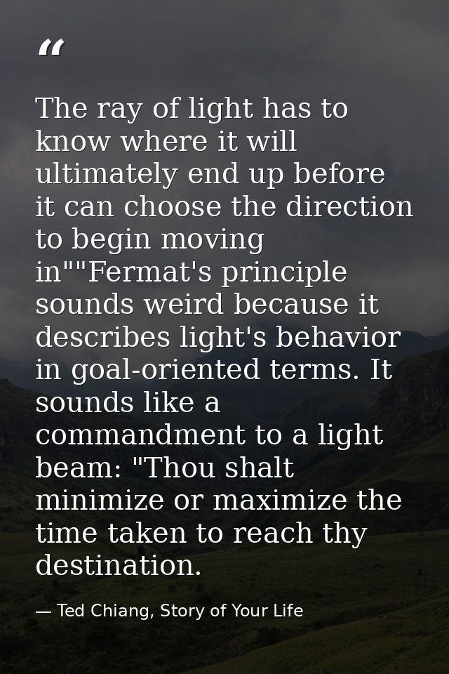 The ray of light has to know where it will ultimately end up before it can choose the direction to begin moving in""Ferm — Ted Chiang, Story of Your Life