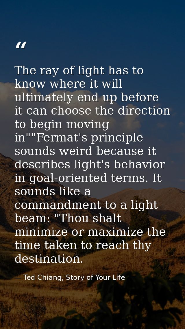 The ray of light has to know where it will ultimately end up before it can choose the direction to begin moving in""Ferm — Ted Chiang, Story of Your Life