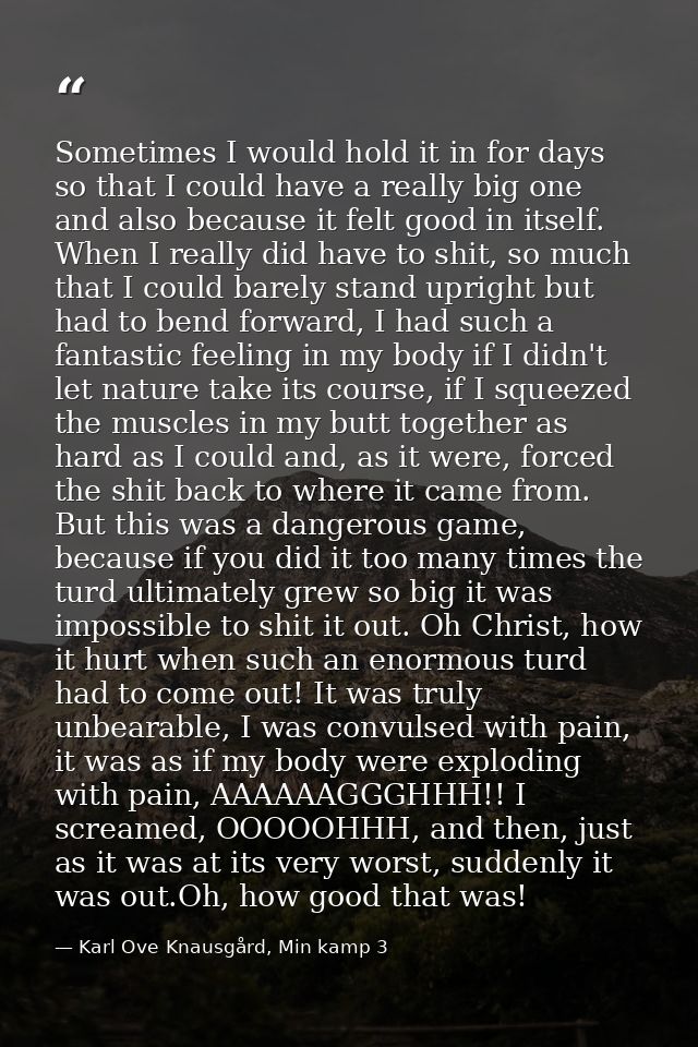 Sometimes I would hold it in for days so that I could have a really big one and also because it felt good in itself. Whe — Karl Ove Knausgård, Min kamp 3