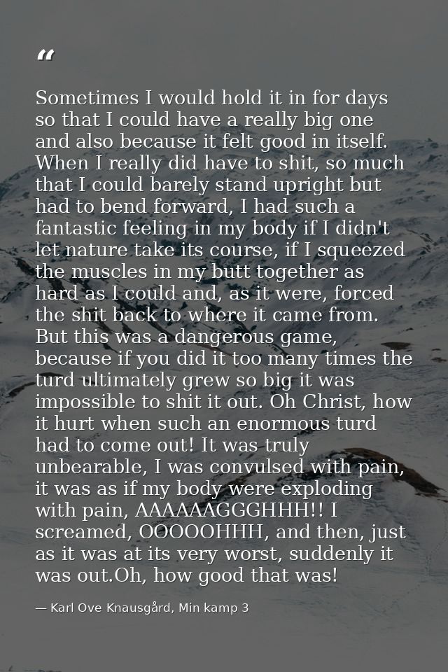 Sometimes I would hold it in for days so that I could have a really big one and also because it felt good in itself. Whe — Karl Ove Knausgård, Min kamp 3