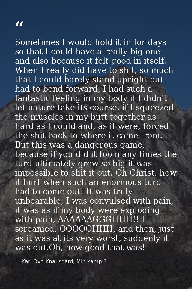 Sometimes I would hold it in for days so that I could have a really big one and also because it felt good in itself. Whe — Karl Ove Knausgård, Min kamp 3