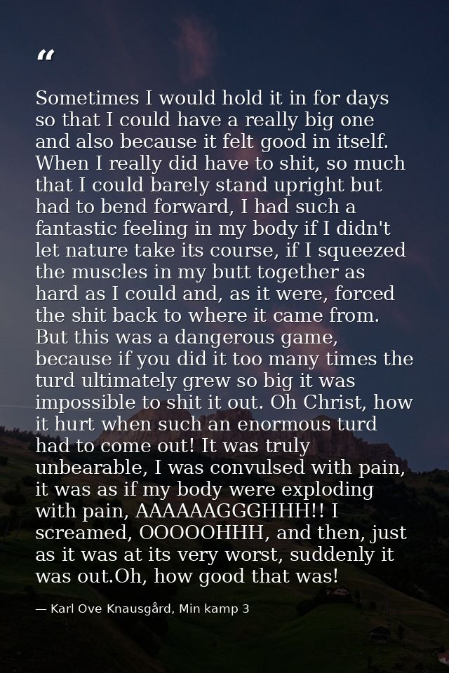 Sometimes I would hold it in for days so that I could have a really big one and also because it felt good in itself. Whe — Karl Ove Knausgård, Min kamp 3