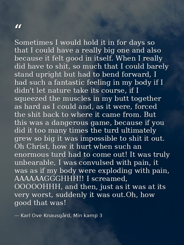 Sometimes I would hold it in for days so that I could have a really big one and also because it felt good in itself. Whe — Karl Ove Knausgård, Min kamp 3