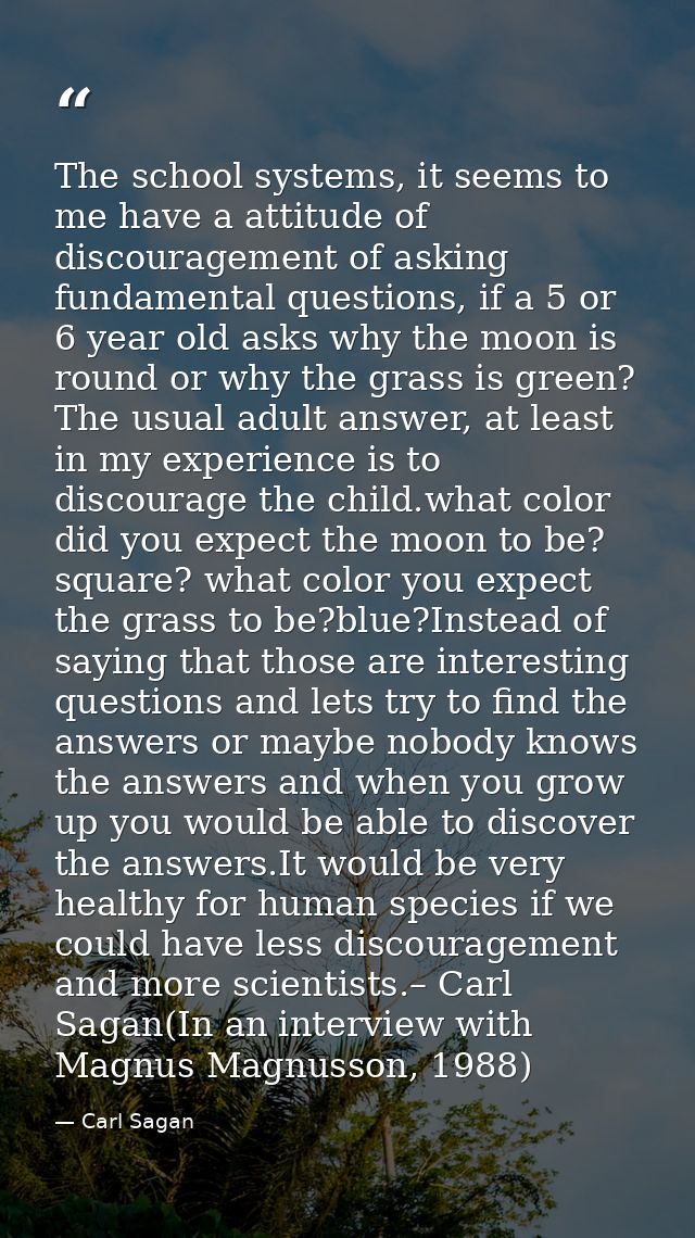 The school systems, it seems to me have a attitude of discouragement of asking fundamental questions, if a 5 or 6 year o — Carl Sagan