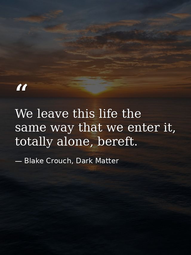 We leave this life the same way that we enter it, totally alone, bereft. — Blake Crouch, Dark Matter