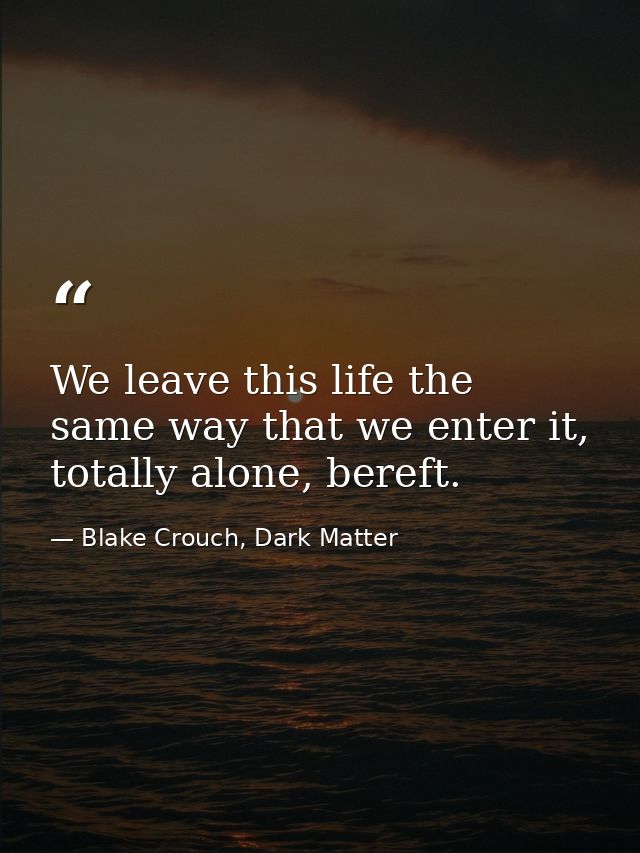 We leave this life the same way that we enter it, totally alone, bereft. — Blake Crouch, Dark Matter