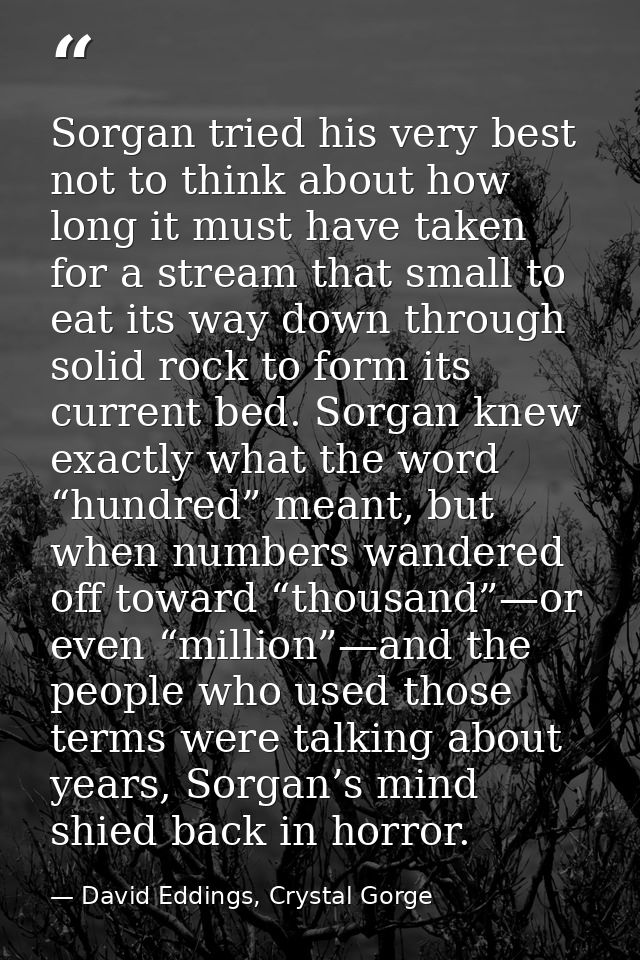 Sorgan tried his very best not to think about how long it must have taken for a stream that small to eat its way down th — David Eddings, Crystal Gorge