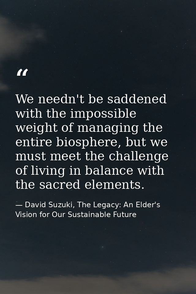 We needn't be saddened with the impossible weight of managing the entire biosphere, but we must meet the challenge of li — David Suzuki, The Legacy: An Elder's Vision for Our Sustainable Future