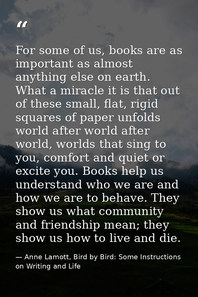 For some of us, books are as important as almost anything else on earth. What a miracle it is that out of these small, f — Anne Lamott, Bird by Bird: Some Instructions on Writing and Life