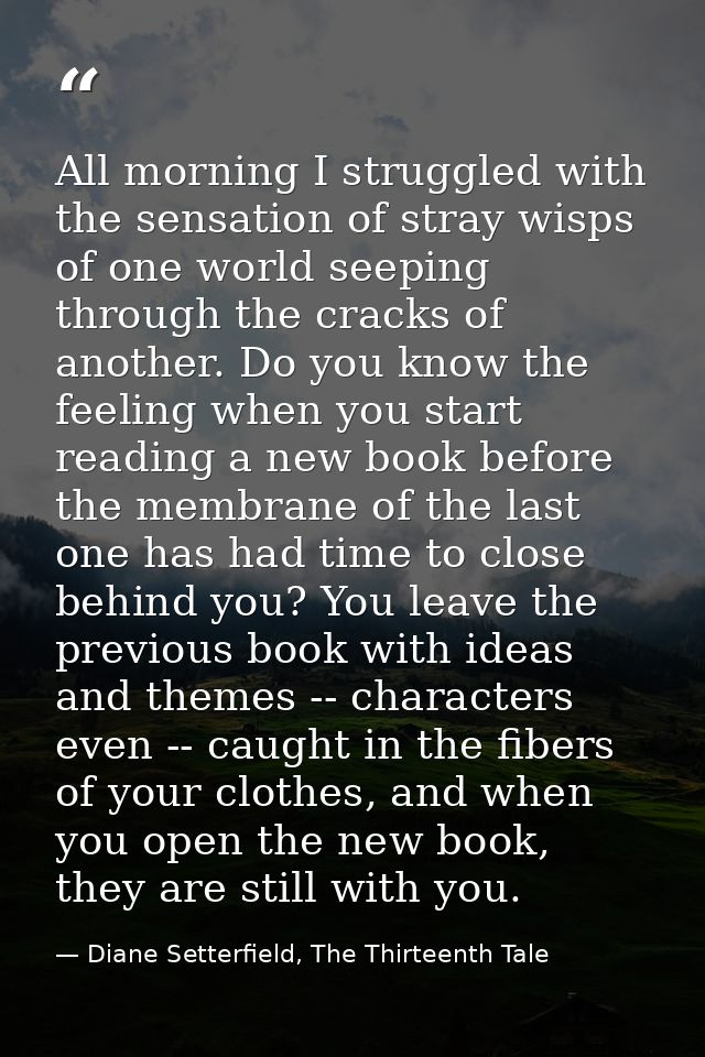 All morning I struggled with the sensation of stray wisps of one world seeping through the cracks of another. Do you kno — Diane Setterfield, The Thirteenth Tale