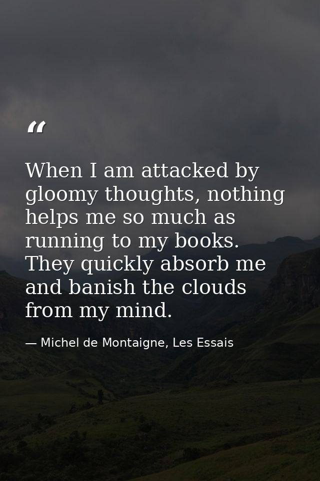 When I am attacked by gloomy thoughts, nothing helps me so much as running to my books. They quickly absorb me and banis — Michel de Montaigne, Les Essais