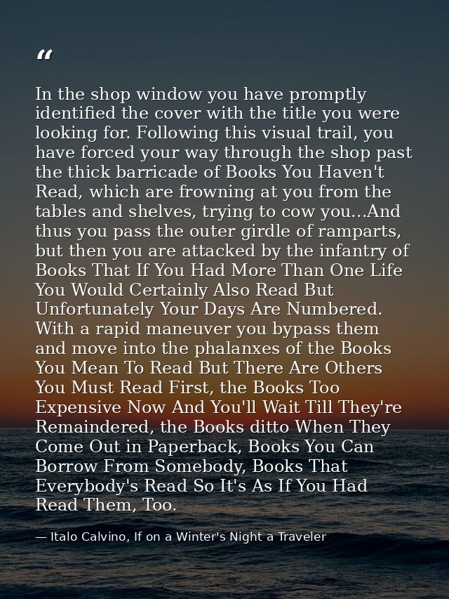 In the shop window you have promptly identified the cover with the title you were looking for. Following this visual tra — Italo Calvino, If on a Winter's Night a Traveler