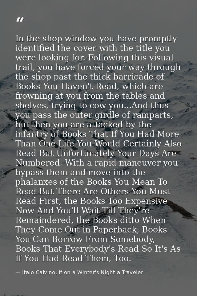 In the shop window you have promptly identified the cover with the title you were looking for. Following this visual tra — Italo Calvino, If on a Winter's Night a Traveler