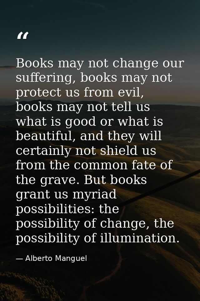 Books may not change our suffering, books may not protect us from evil, books may not tell us what is good or what is be — Alberto Manguel
