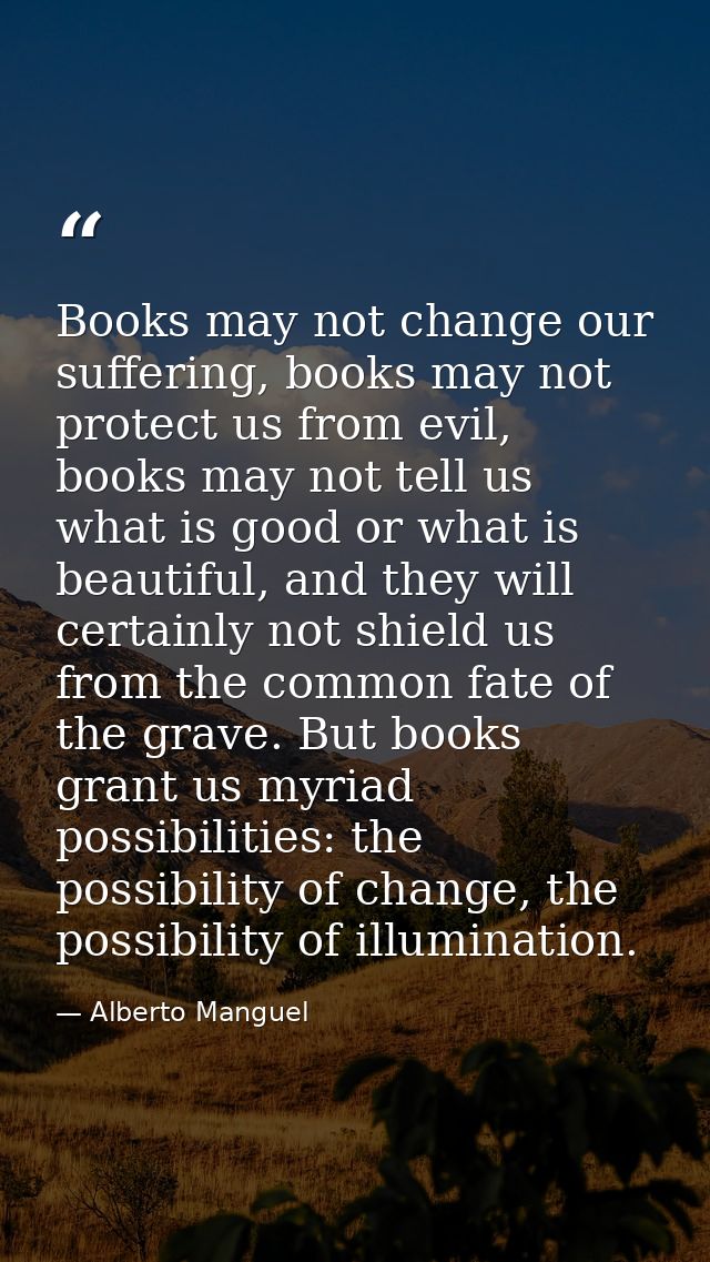 Books may not change our suffering, books may not protect us from evil, books may not tell us what is good or what is be — Alberto Manguel