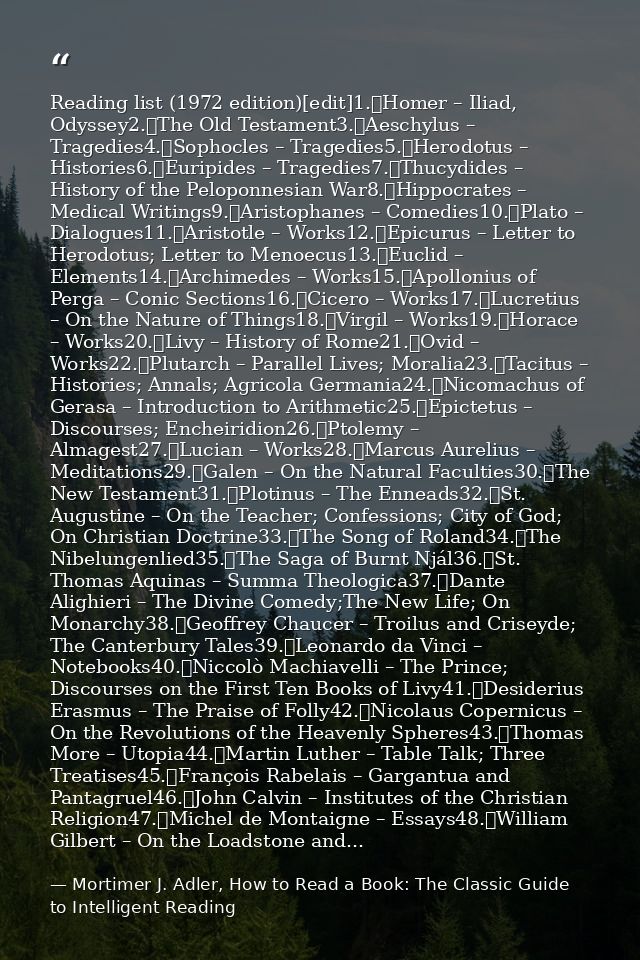 Reading list (1972 edition)[edit]1.	Homer – Iliad, Odyssey2.	The Old Testament3.	Aeschylus – Tragedies4.	Sophocles – Tra — Mortimer J. Adler, How to Read a Book: The Classic Guide to Intelligent Reading