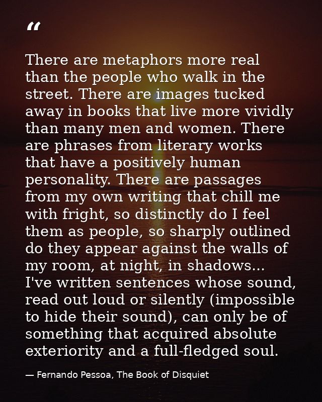 There are metaphors more real than the people who walk in the street. There are images tucked away in books that live mo — Fernando Pessoa, The Book of Disquiet