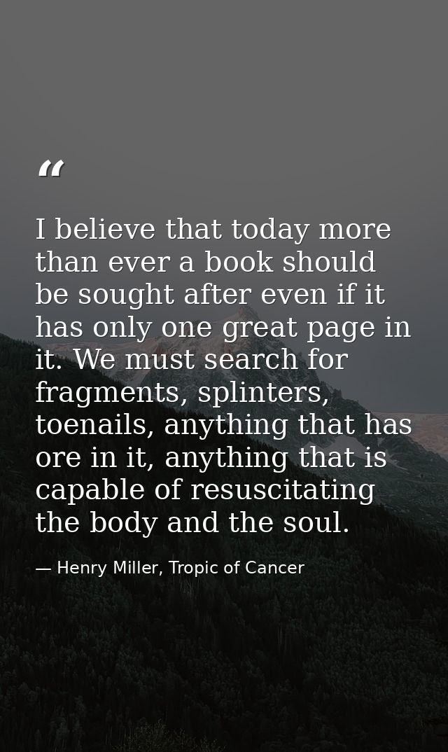 I believe that today more than ever a book should be sought after even if it has only one great page in it. We must sear — Henry Miller, Tropic of Cancer