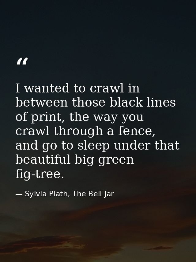 I wanted to crawl in between those black lines of print, the way you crawl through a fence, and go to sleep under that b — Sylvia Plath, The Bell Jar