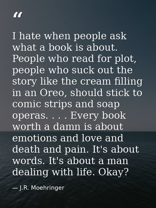 I hate when people ask what a book is about. People who read for plot, people who suck out the story like the cream fill — J.R. Moehringer