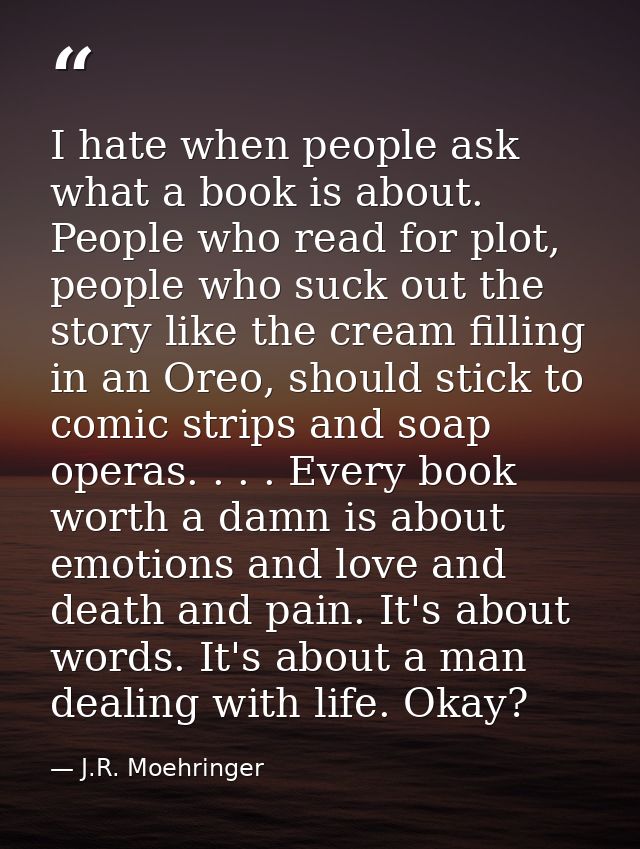 I hate when people ask what a book is about. People who read for plot, people who suck out the story like the cream fill — J.R. Moehringer