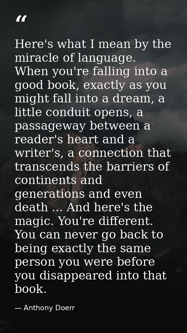 Here's what I mean by the miracle of language. When you're falling into a good book, exactly as you might fall into a dr — Anthony Doerr
