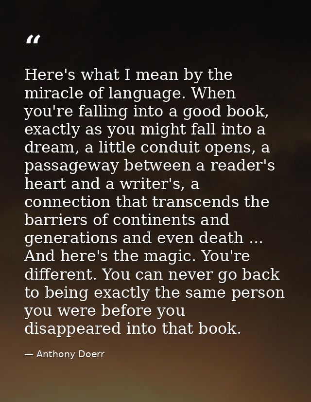 Here's what I mean by the miracle of language. When you're falling into a good book, exactly as you might fall into a dr — Anthony Doerr