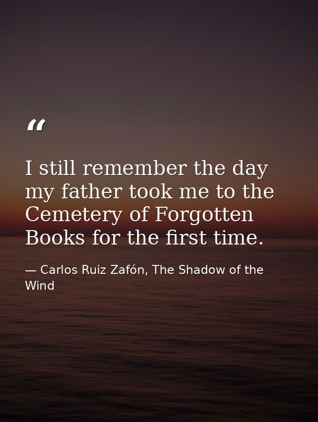 I still remember the day my father took me to the Cemetery of Forgotten Books for the first time. — Carlos Ruiz Zafón, The Shadow of the Wind