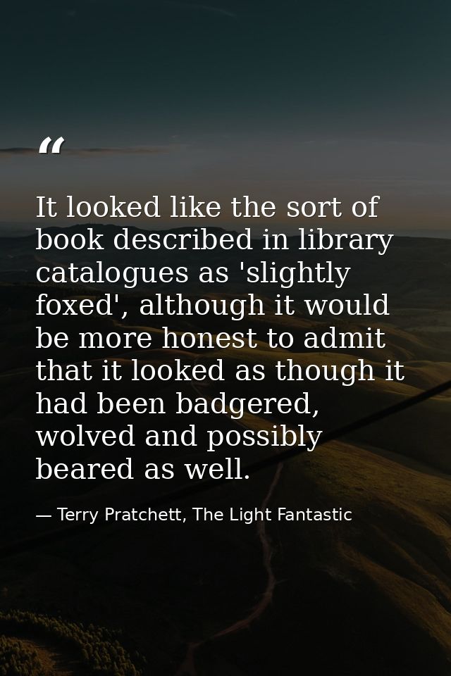 It looked like the sort of book described in library catalogues as 'slightly foxed', although it would be more honest to — Terry Pratchett, The Light Fantastic