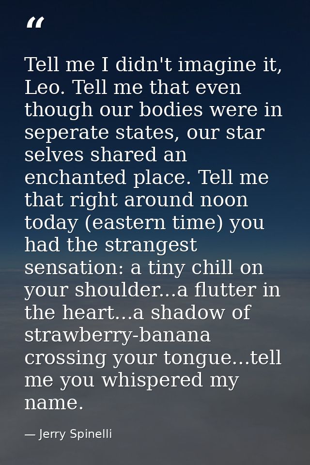 Tell me I didn't imagine it, Leo. Tell me that even though our bodies were in seperate states, our star selves shared an — Jerry Spinelli