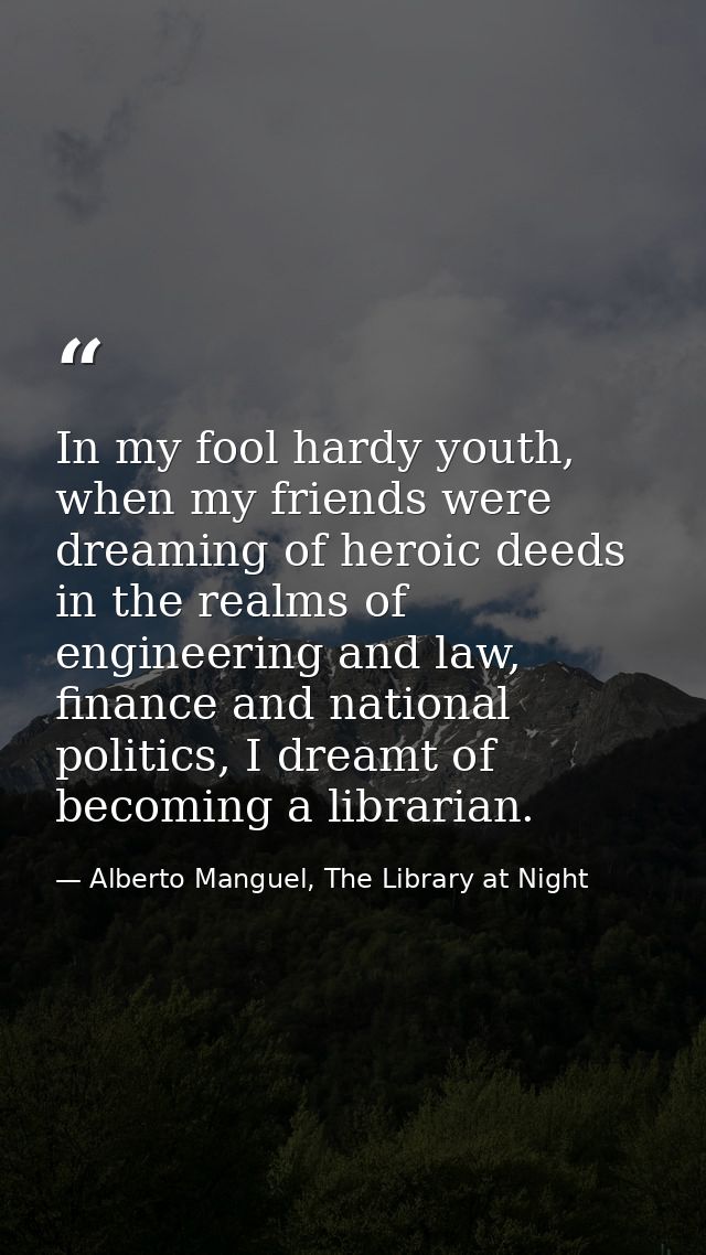 In my fool hardy youth, when my friends were dreaming of heroic deeds in the realms of engineering and law, finance and  — Alberto Manguel, The Library at Night