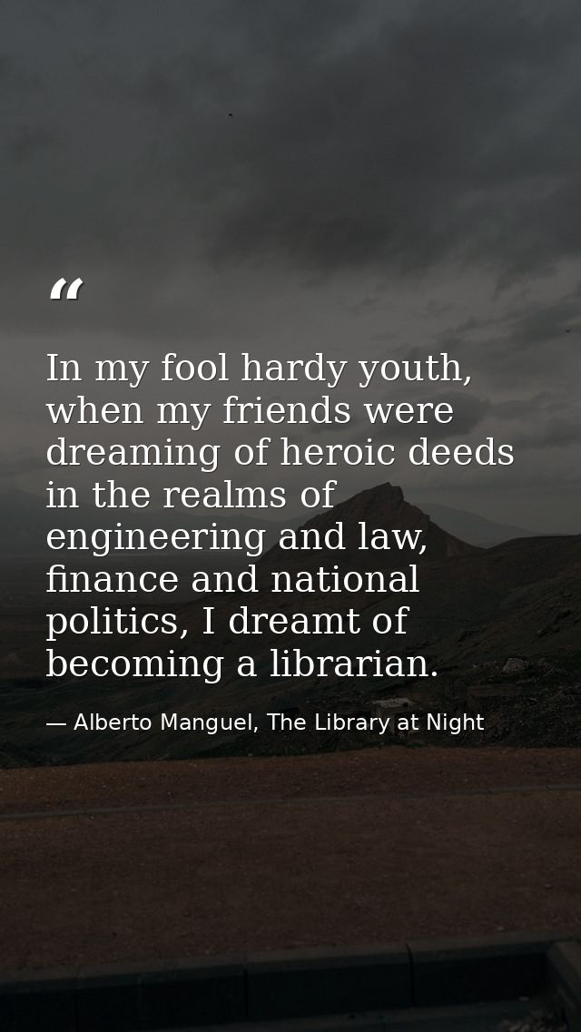 In my fool hardy youth, when my friends were dreaming of heroic deeds in the realms of engineering and law, finance and  — Alberto Manguel, The Library at Night