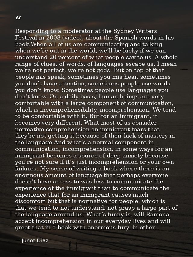 Responding to a moderator at the Sydney Writers Festival in 2008 (video), about the Spanish words in his book:When all o — Junot Díaz