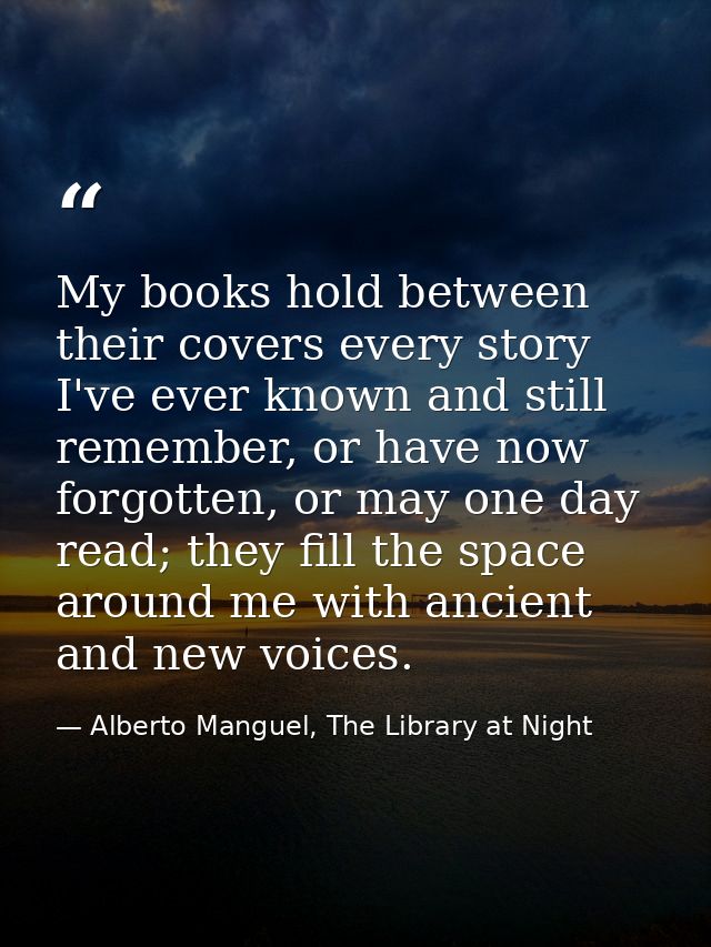 My books hold between their covers every story I've ever known and still remember, or have now forgotten, or may one day — Alberto Manguel, The Library at Night